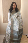 Floral Printed Tussar Silk Saree - Beige with ice grey