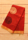 Handloom semi raw silk - Red with black
