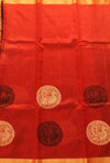 Handloom semi raw silk - Red with black